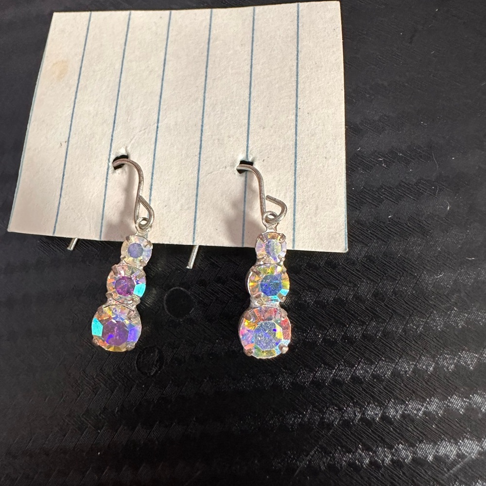 Iridescent Aurora Borealis Rhinestone Drop Earrings — 3-Stone Cluster Dangle